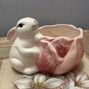 Vintage Cabbage Style Bunny Rabbit Planter Small Pink White Easter Spring